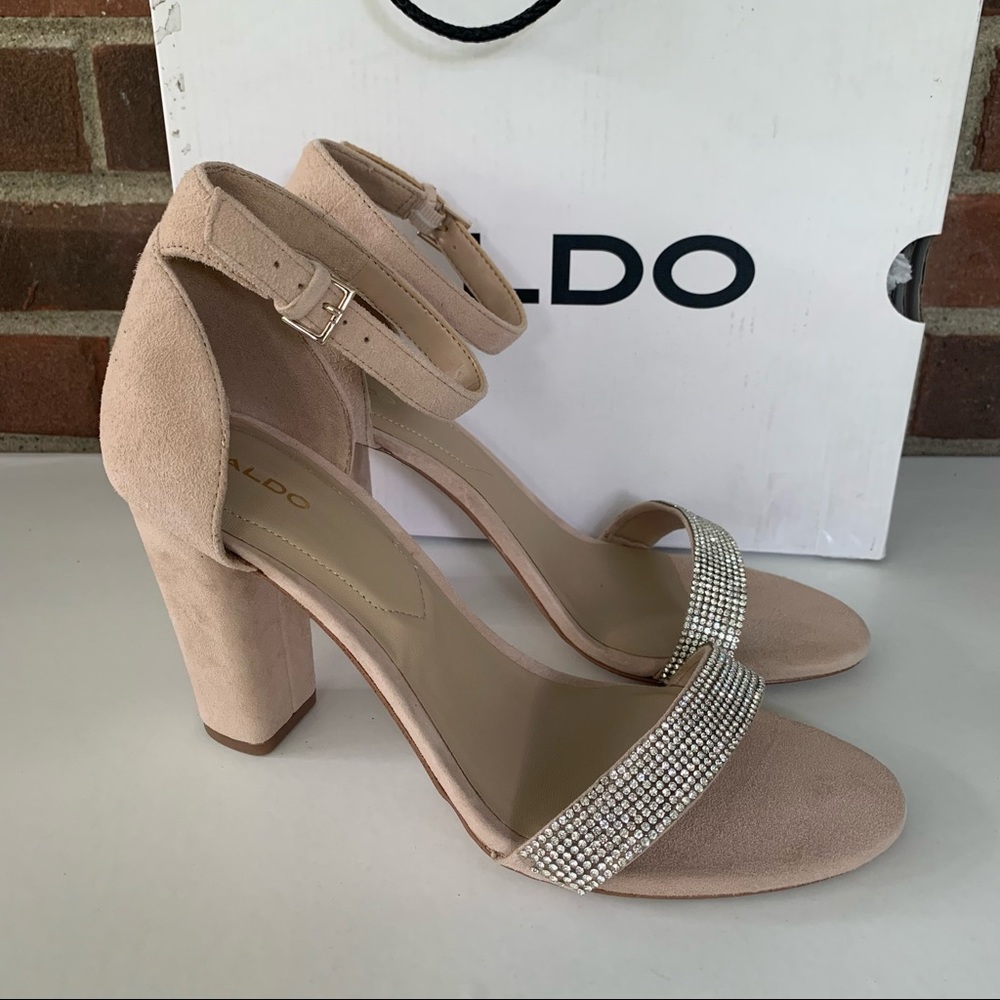 ALDO Women's Jerayclya Ankle Strap Block Heel Sandal Bone Suede Size US 9 M